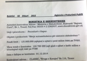 Dokumenti qe tregon blerjen e ambulancave tek koncesionari i Papulit, me shumen pothuajse sa fondi limit